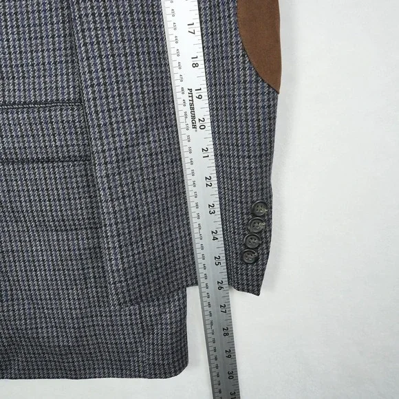 Chaps Mens 44L 100% Wool Houndstooth Sport Coat Blazer Grey Blue Elbow Patches - Picture 9 of 11